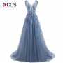 XCOS Blue Evening Dresses 2018 Plus Size Tulle Appliques Long Formal Dresses Gowns V Neck Lace Up Sleeveless Robe De Soiree