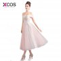 XCOS Pink Prom Dresses Short Off the Shoulder Lace ballkleider lang Beads Tea-Length Evening Gowns Occasion Dresses for Women