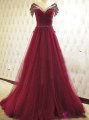 Elegant A-Line Off-the-Shoulder Court Train Burgundy Prom Dress/Evening Dress with Ruffles