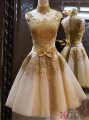 Simple Dress Elegant High Neck Gold Applique Ribbon Tulle Short Prom Dresses/Homecoming Dresses/Party Dresses TUPD-7022 Simple Dress Elegant High Neck Gold Applique Ribbon Tulle Short Prom Dresses/Homecoming Dresses/Party Dresses TUPD-7022