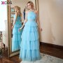 New Arrival Long Prom Dresses 2018 Luxury Beaded Top Tank Sleeveless Crystals Blue Tulle Formal Evening Dress Party Gown