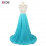 XCOS Formal Prom Dresses Long Women Elegant Scoop Sleeveless Blue Beaded Party Gowns Dresses 2017 New